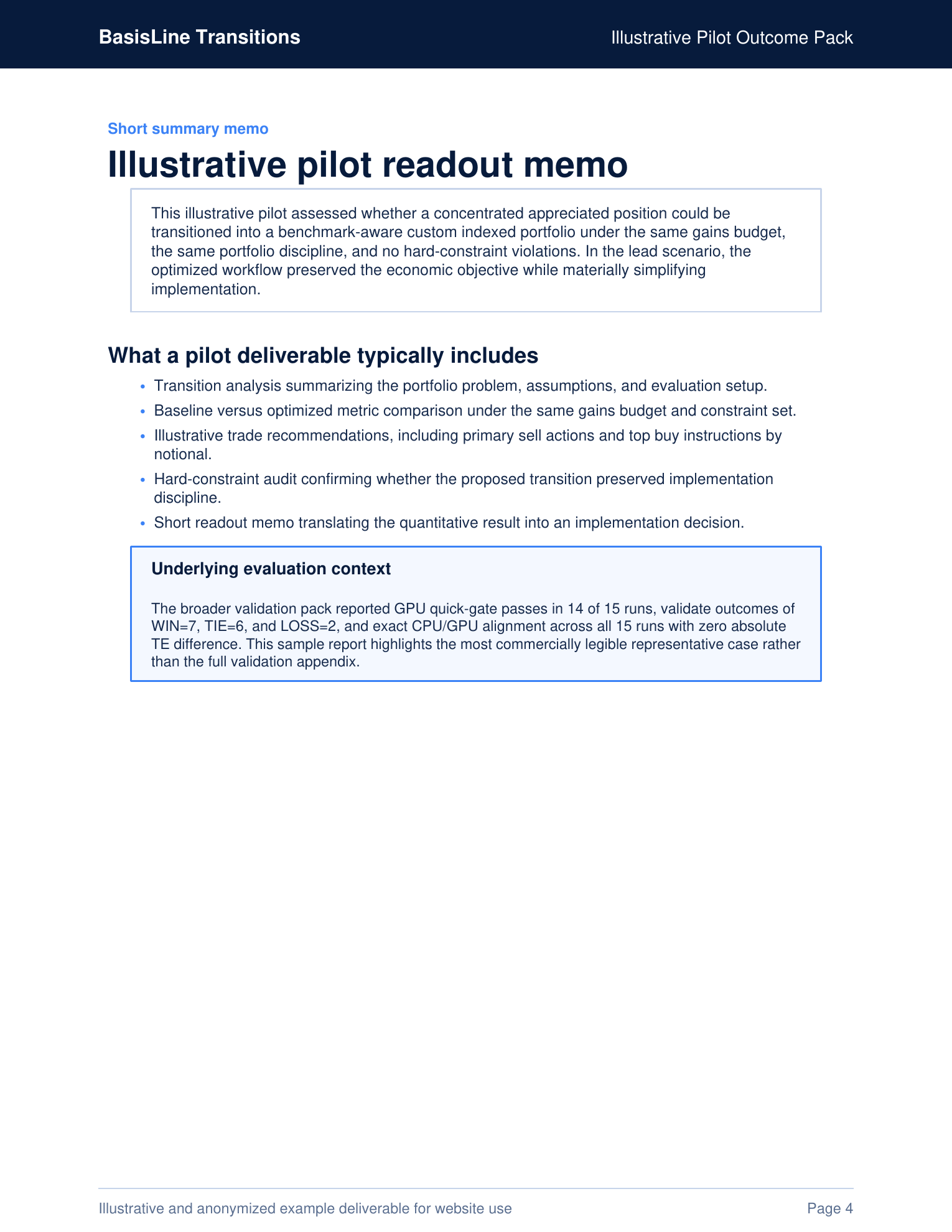 Sample pilot outcome report &mdash; illustrative pilot readout memo